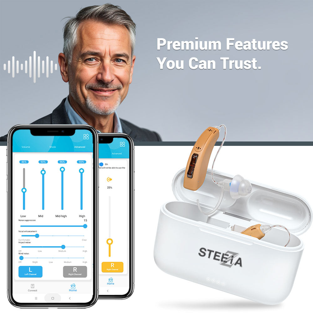 Bluetooth-enabled OTC hearing aids with app control and rechargeable battery. Designed for adults seeking modern, connected hearing support - Steezia