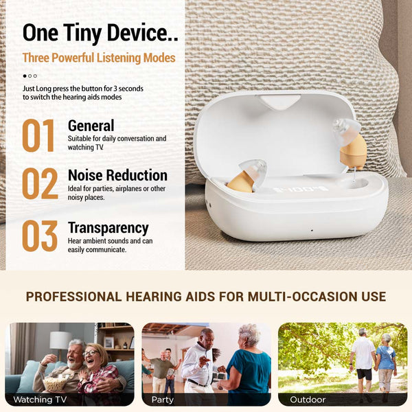Minitone - Invisible rechargeable OTC hearing aids with in-ear CIC design. Designed for adults with mild to moderate hearing loss - Steezia