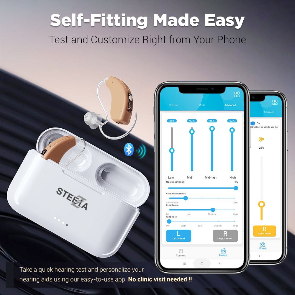 Rechargeable OTC hearing aids with Bluetooth streaming and smartphone app control. Easy-to-use behind-the-ear design for everyday adult use.