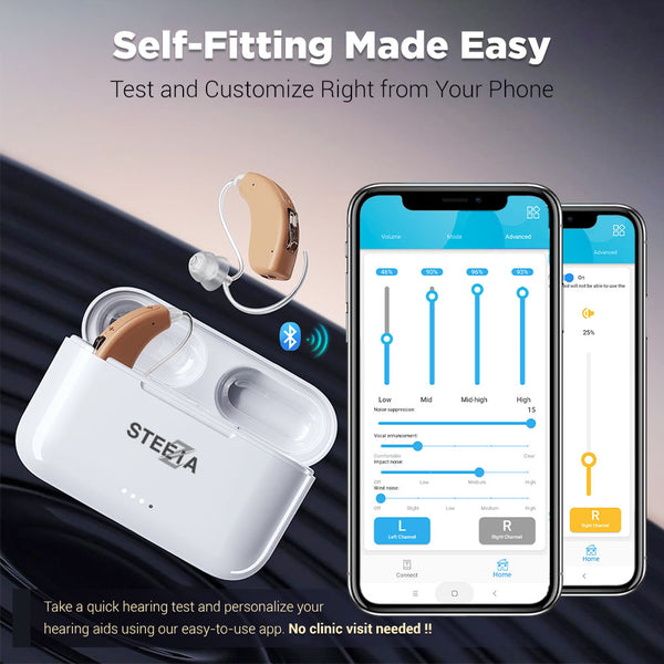 Rechargeable OTC hearing aids with Bluetooth streaming and smartphone app control. Easy-to-use behind-the-ear design for everyday adult use.