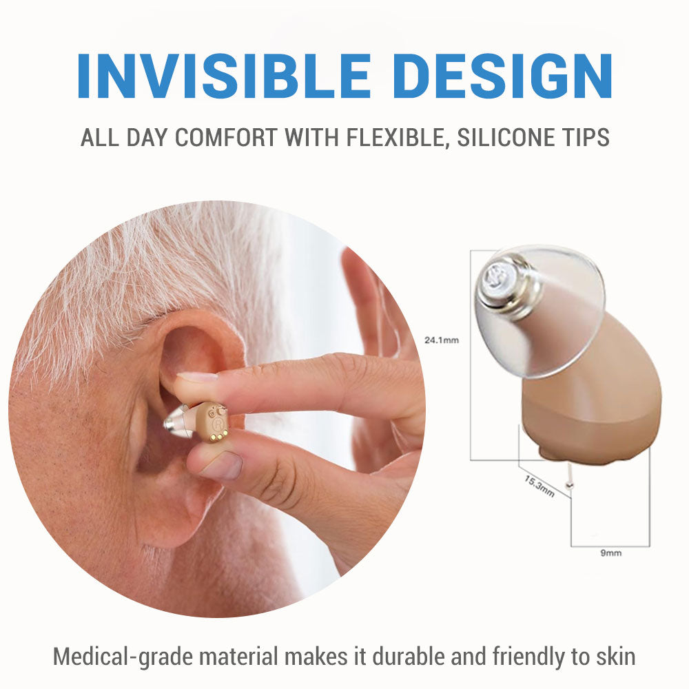 Minitone - Invisible rechargeable OTC hearing aids with in-ear CIC design. Designed for adults with mild to moderate hearing loss - Steezia