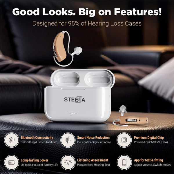 Bluetooth-enabled OTC hearing aids with app control and rechargeable battery. Designed for adults seeking modern, connected hearing support - Steezia