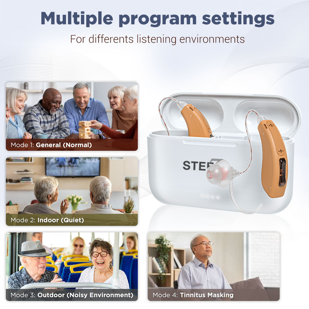 Bluetooth-enabled OTC hearing aids with app control and rechargeable battery. Designed for adults seeking modern, connected hearing support - Steezia