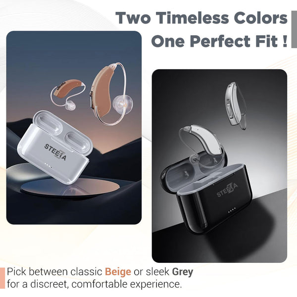 Bluetooth-enabled OTC hearing aids with app control and rechargeable battery. Designed for adults seeking modern, connected hearing support - Steezia