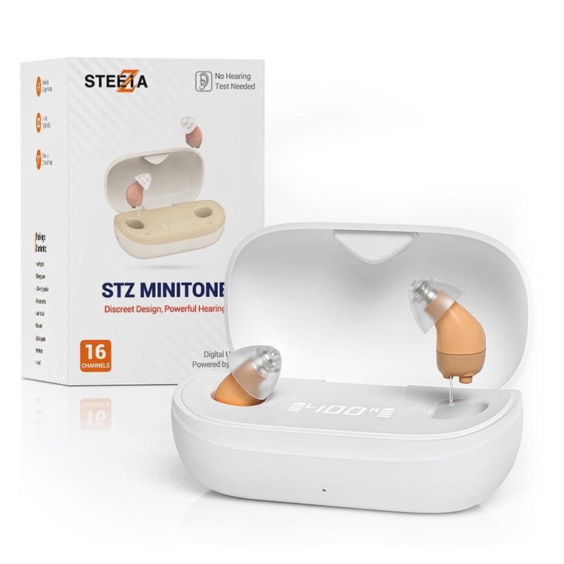 Minitone - Invisible rechargeable OTC hearing aids with in-ear CIC design. Designed for adults with mild to moderate hearing loss - Steezia