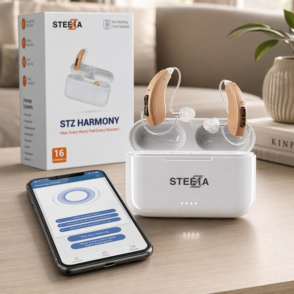 Rechargeable Bluetooth Hearing Aids – Receiver-in-Canal RIC, App Control, Phone Calls, Music Streaming, OTC – Steezia Harmony - Beige