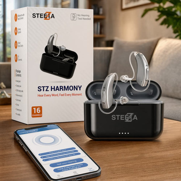 Rechargeable Bluetooth Hearing Aids – Receiver-in-Canal RIC, App Control, Phone Calls, Music Streaming, OTC – Steezia Harmony - Silver Gray