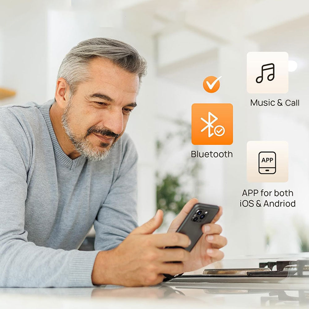 Rechargeable OTC hearing aids with Bluetooth streaming and smartphone app control. Easy-to-use behind-the-ear design for everyday adult use.