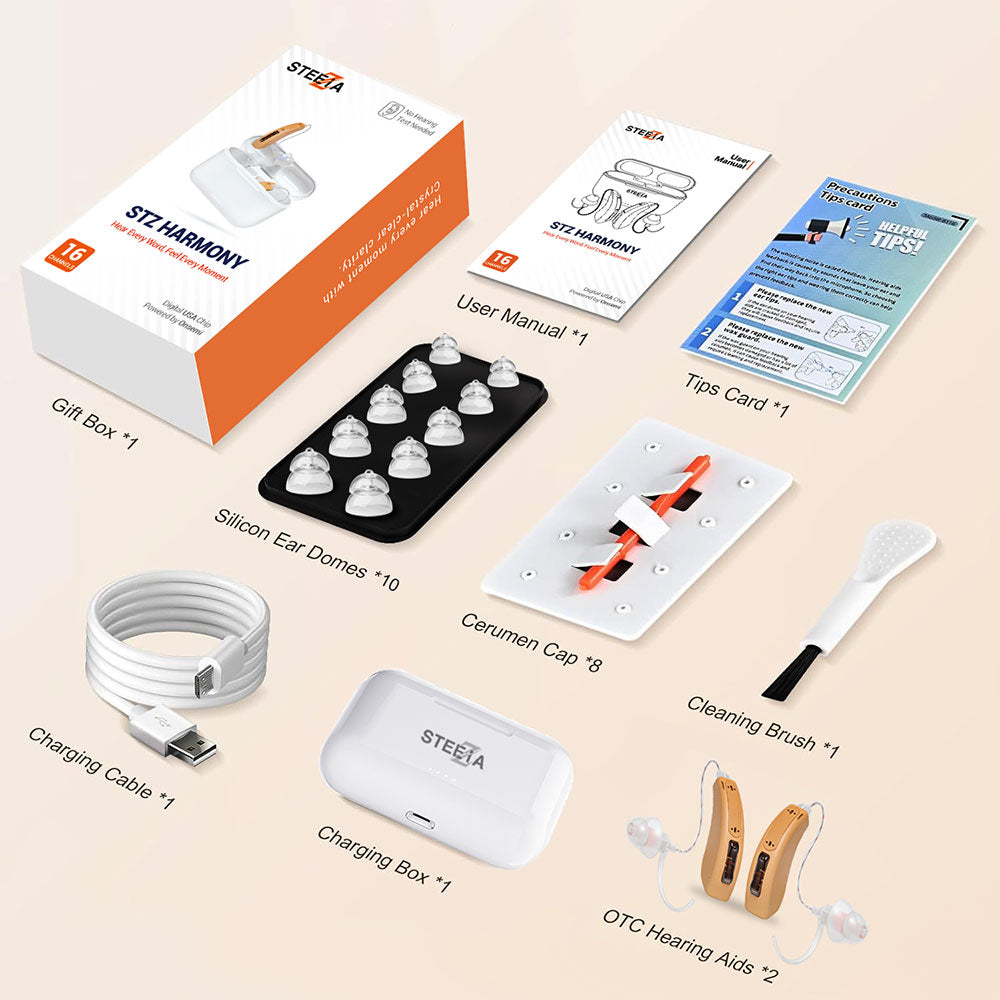 Bluetooth-enabled OTC hearing aids with app control and rechargeable battery. Designed for adults seeking modern, connected hearing support - Steezia